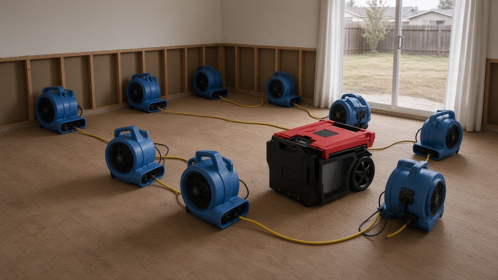 Blue air movers and a red LGR dehumidifier drying a demoed living room