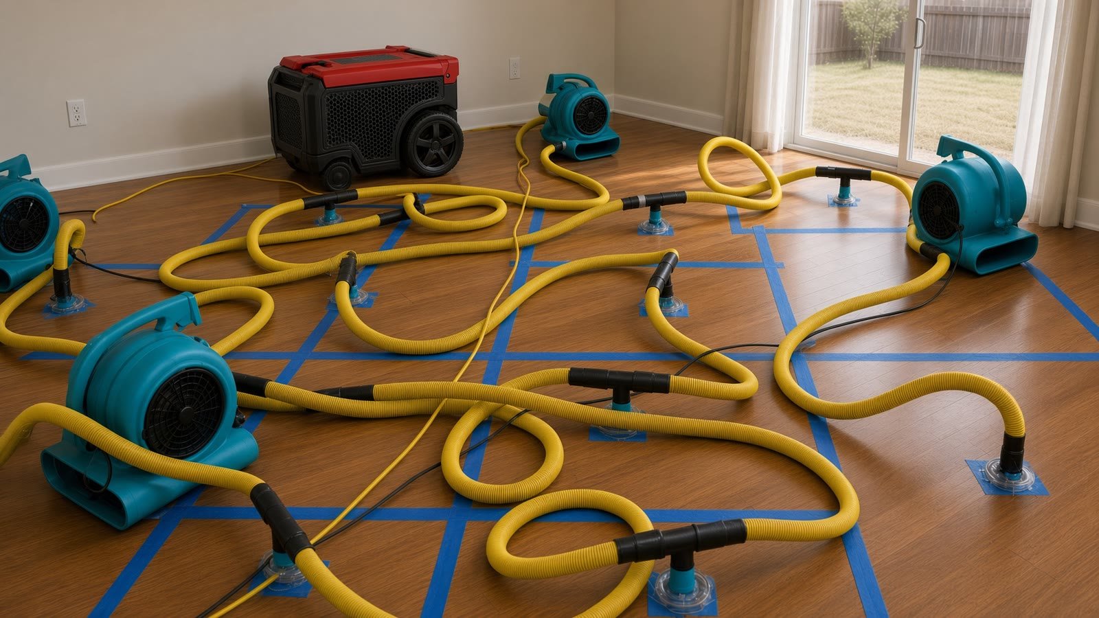 Injectidry hoses and air movers drying hardwood floors