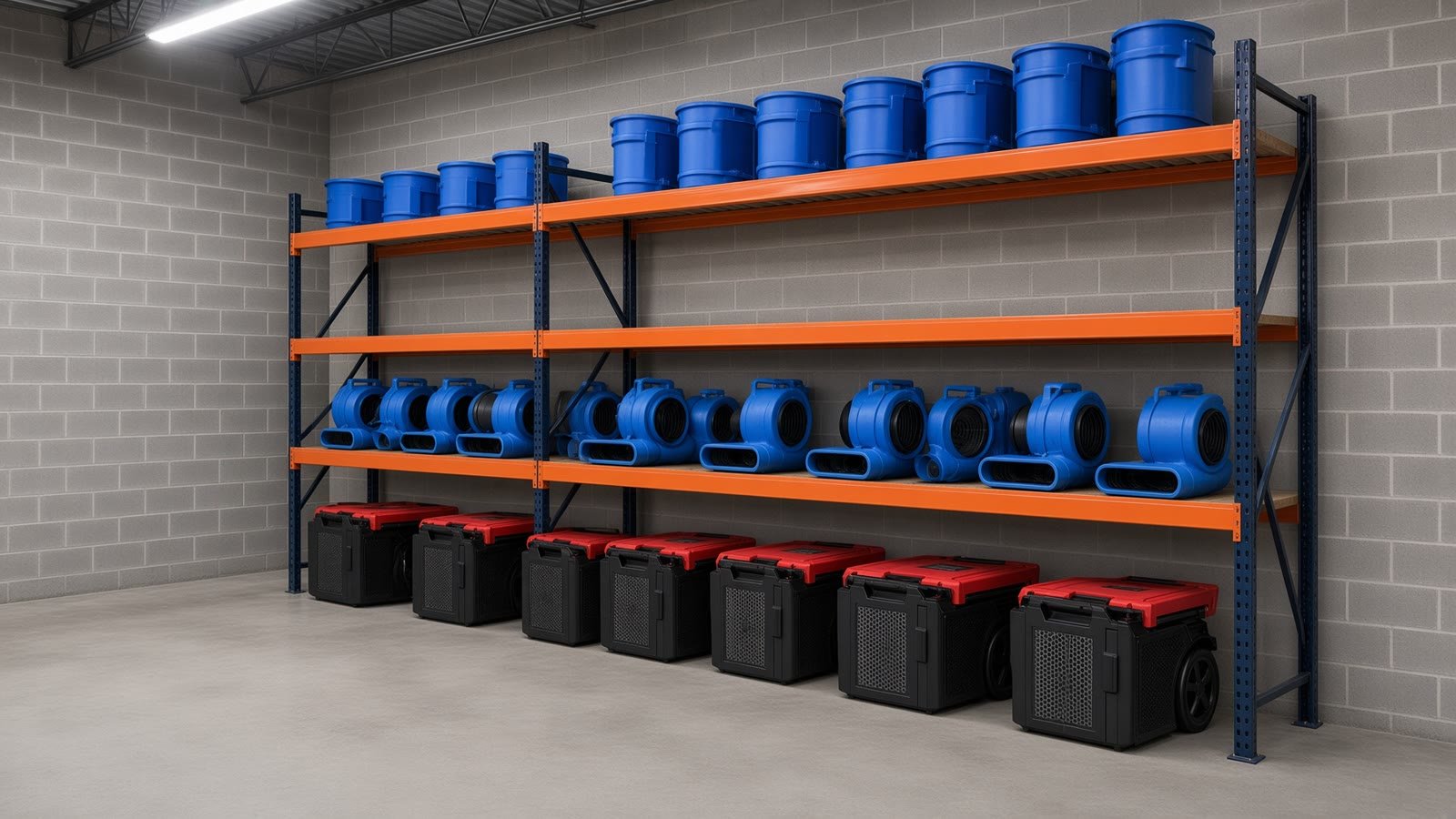 Dry & Clear restoration equipment racked and ready in the shop