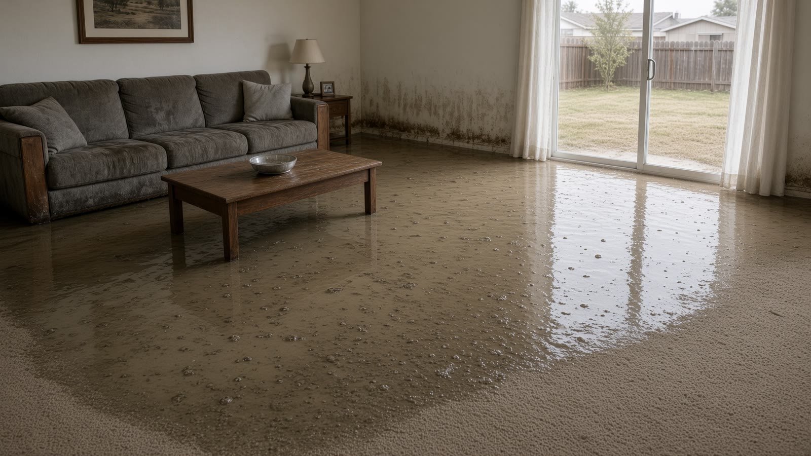 Standing water, stained drywall, wet contents. This is the loss.